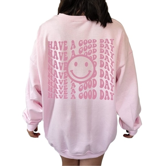 Gildan Printed Have A Good Day Women Pink Smiley Face Crew Neck Sweatshirt Top M - Picture 1 of 10